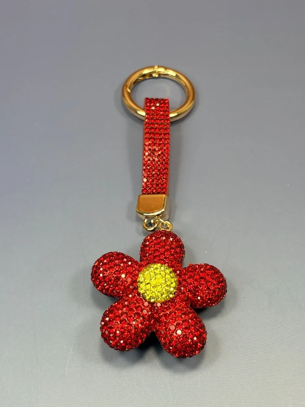 Dazzling Red Crystal Flower Keyring with Gold Ring
